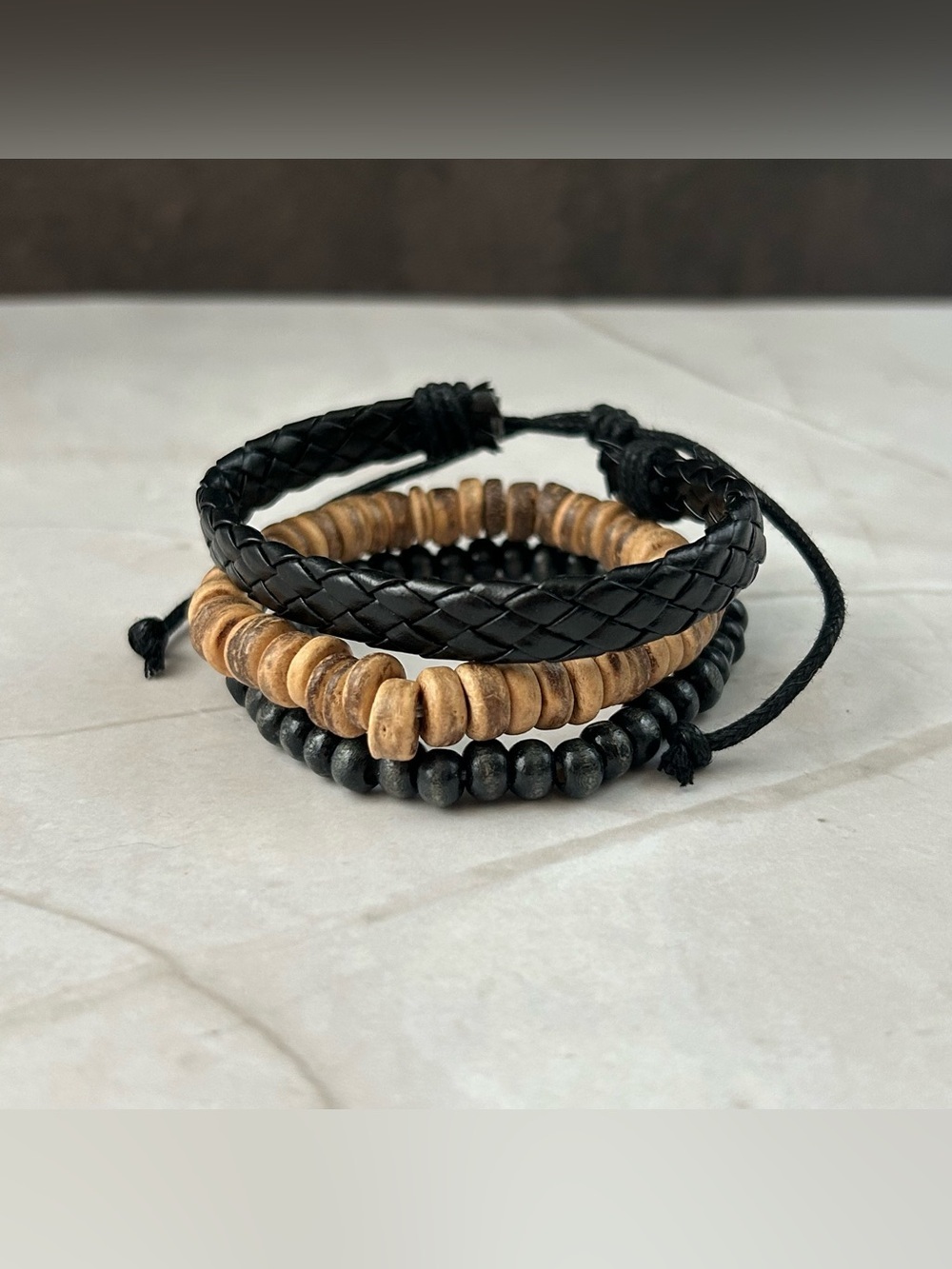 Men's Black and Brown Layered Bead & Braided Bracelet Set